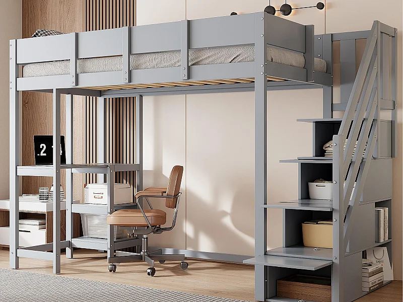 Kinderhochbett 90×200 cm - mit Aufbewahrungsleiter - mit Schreibtisch - grau (Matratze nicht enthalten)