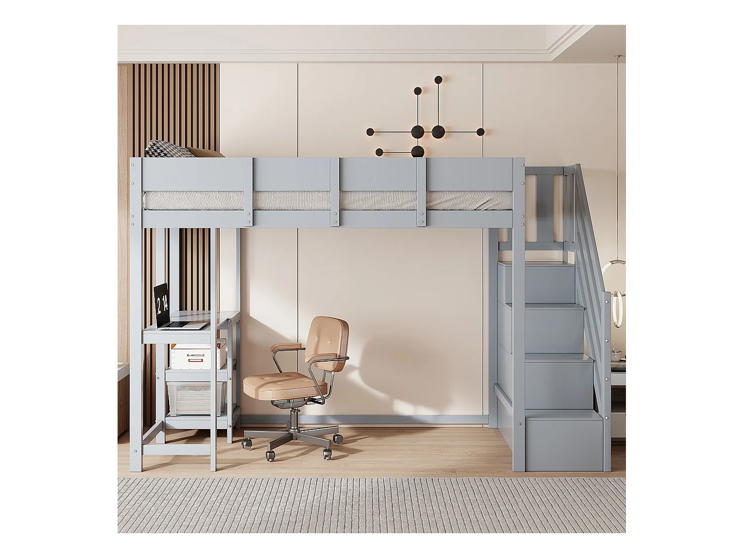 Letto soppalcato bambino 90×200 cm - con scala contenitore - con scrivania - grigio (materasso non incluso)