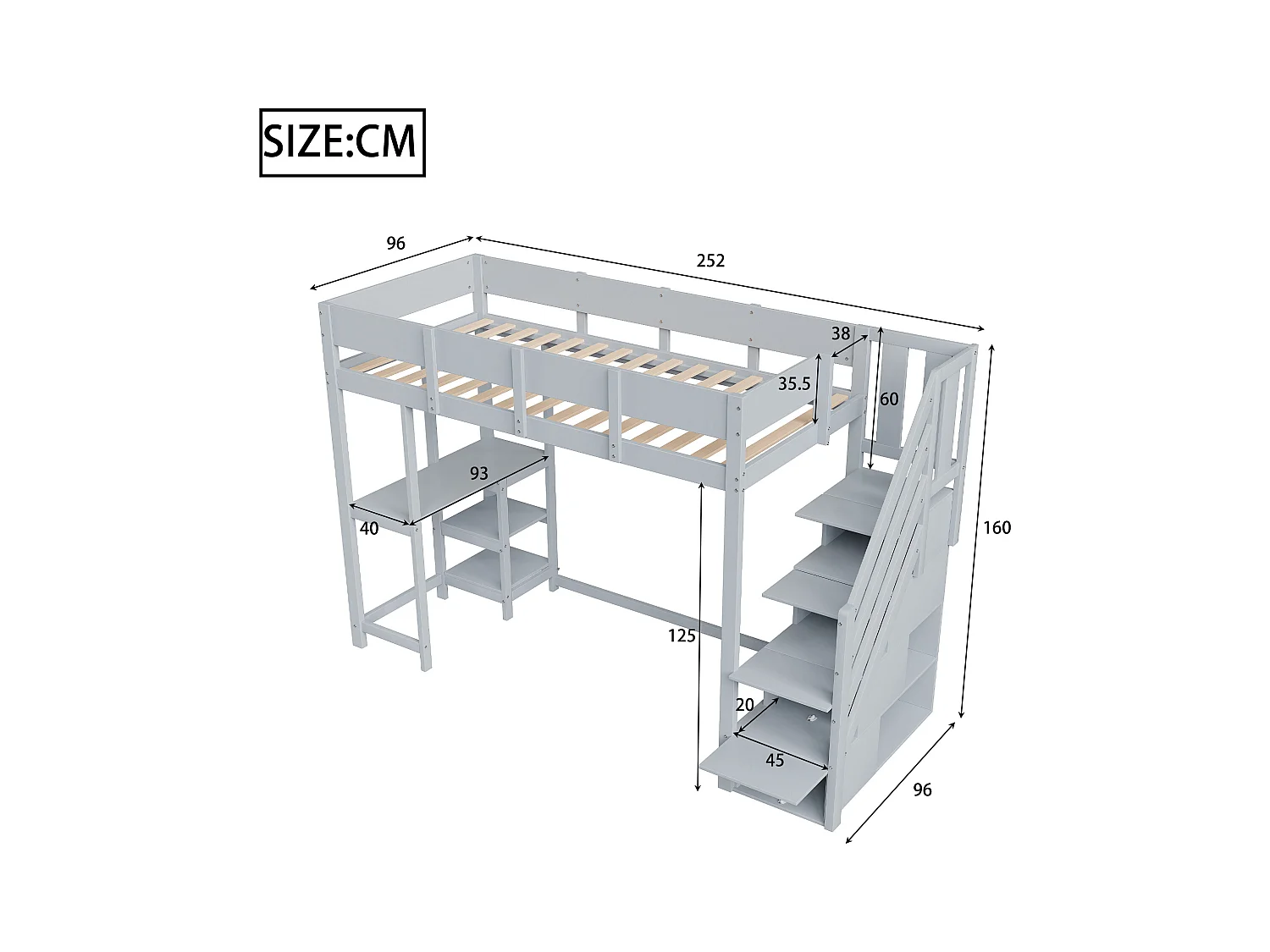 Letto soppalcato bambino 90×200 cm - con scala contenitore - con scrivania - grigio (materasso non incluso)