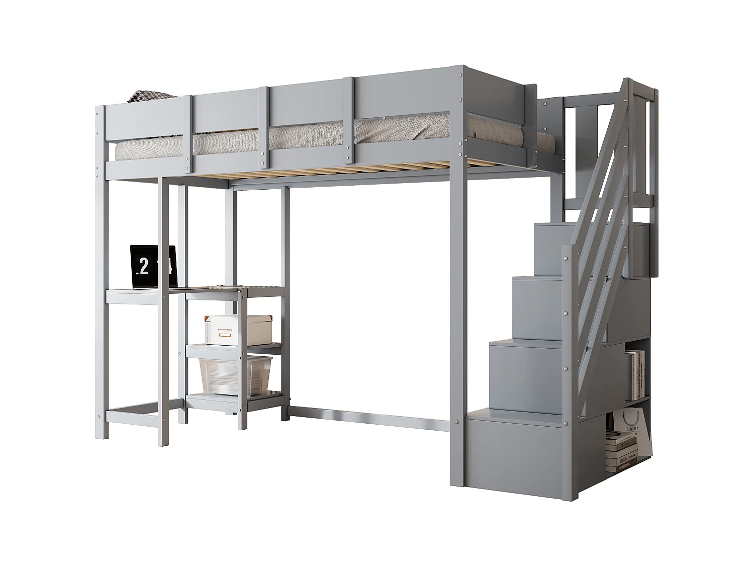 Letto soppalcato bambino 90×200 cm - con scala contenitore - con scrivania - grigio (materasso non incluso)