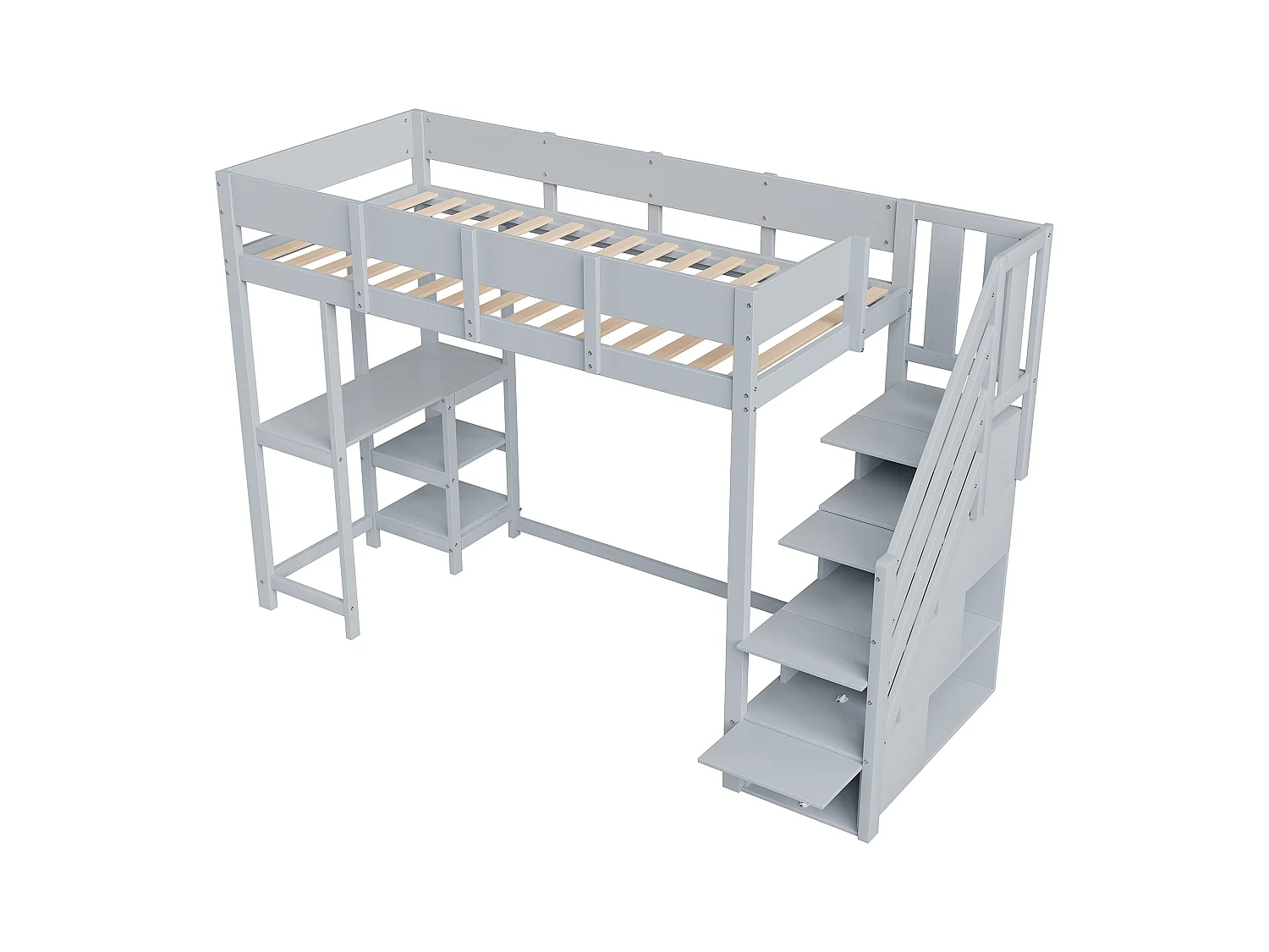 Letto soppalcato bambino 90×200 cm - con scala contenitore - con scrivania - grigio (materasso non incluso)
