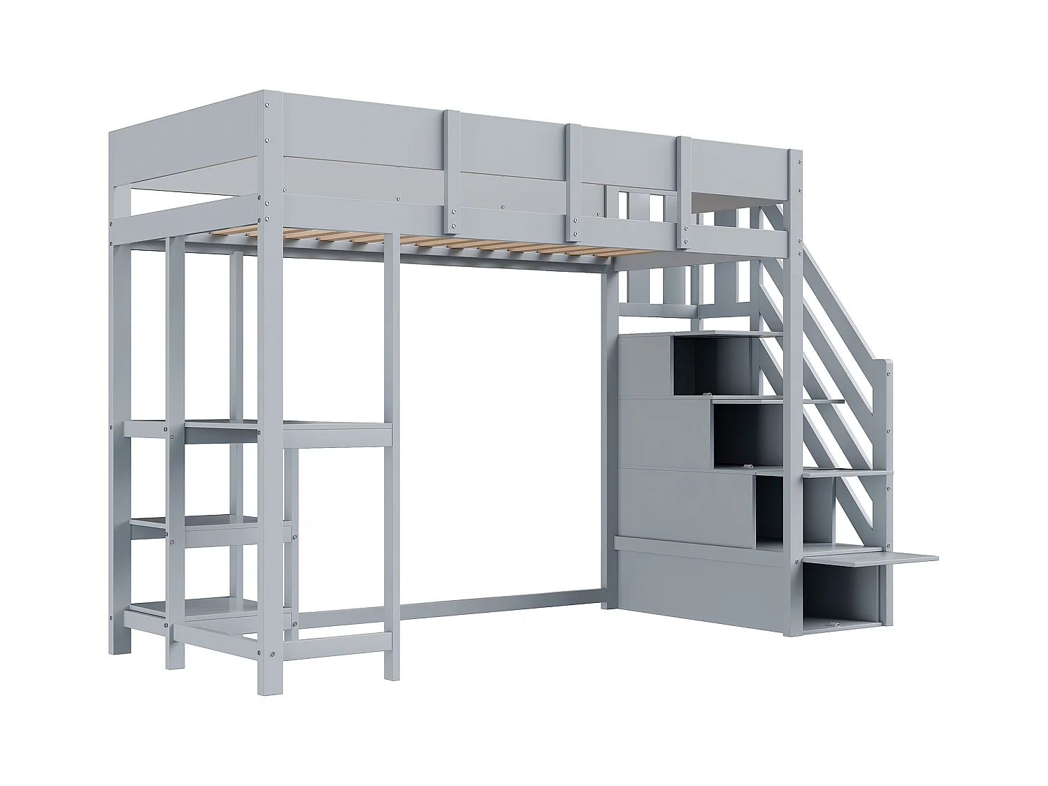 Letto soppalcato bambino 90×200 cm - con scala contenitore - con scrivania - grigio (materasso non incluso)