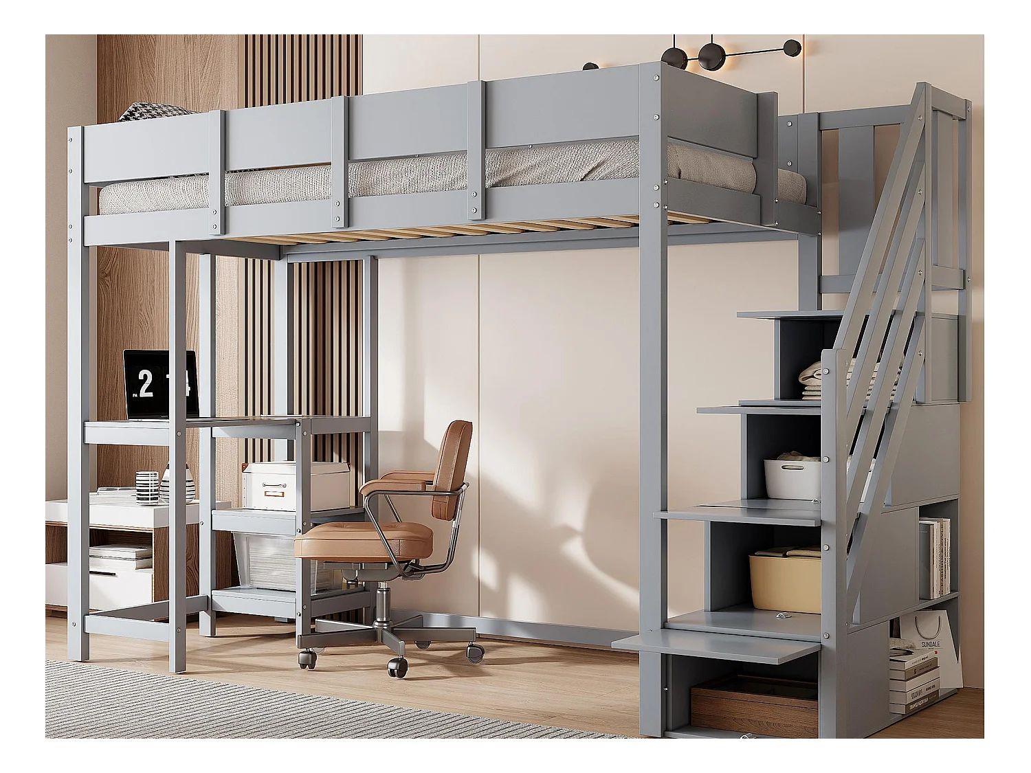Lit mezzanine enfant 90x200cm - avec échelle de rangement - avec bureau - gris (matelas non inclus)