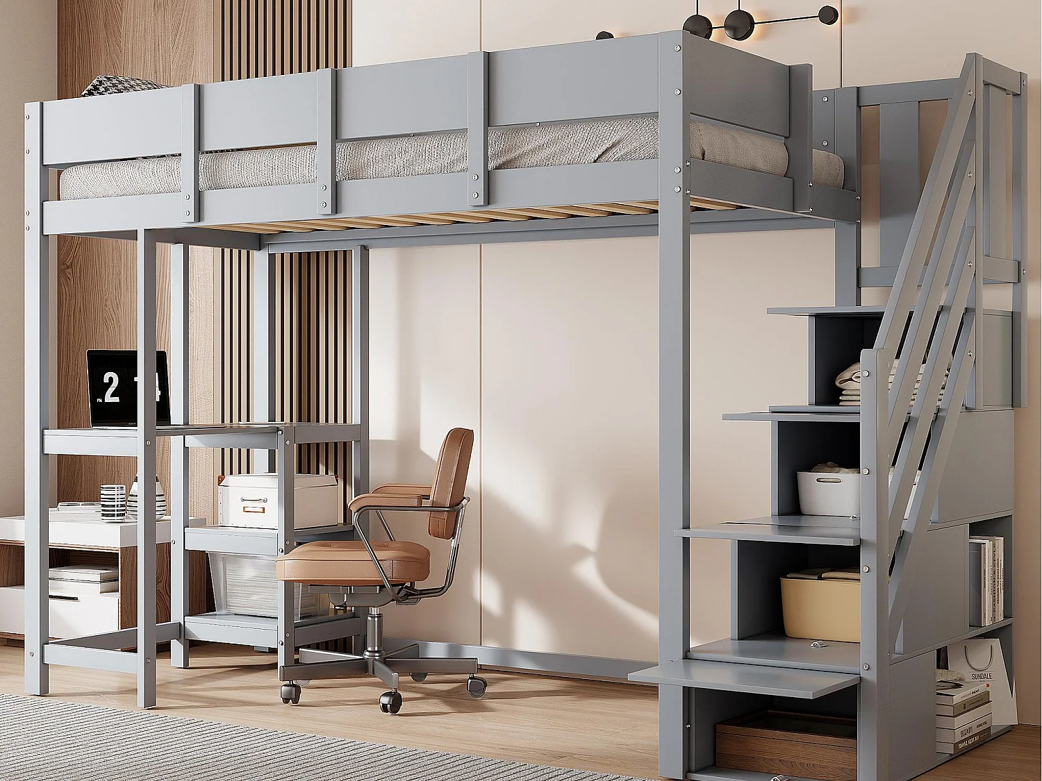 Lit mezzanine enfant 90x200cm - avec échelle de rangement - avec bureau - gris (matelas non inclus)