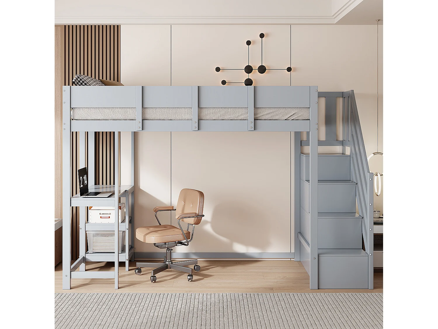 Lit mezzanine enfant 90x200cm - avec échelle de rangement - avec bureau - gris (matelas non inclus)