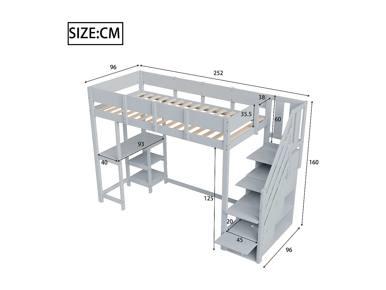 Lit mezzanine enfant 90x200cm - avec échelle de rangement - avec bureau - gris (matelas non inclus)