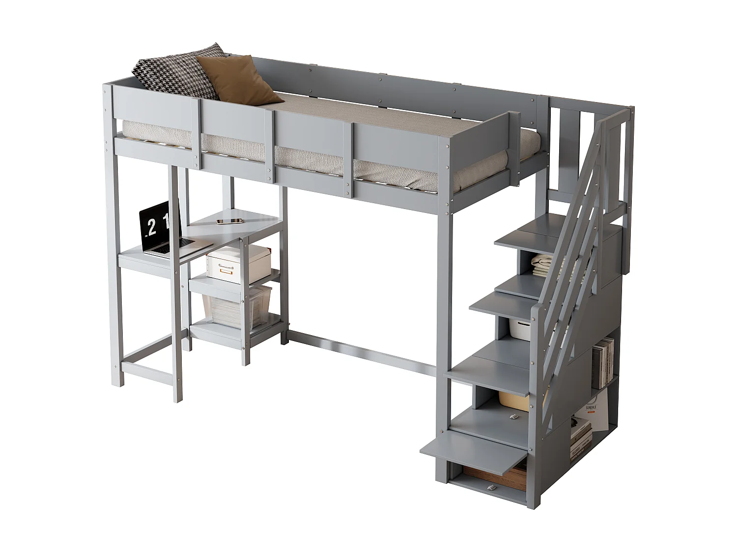 Lit mezzanine enfant 90x200cm - avec échelle de rangement - avec bureau - gris (matelas non inclus)