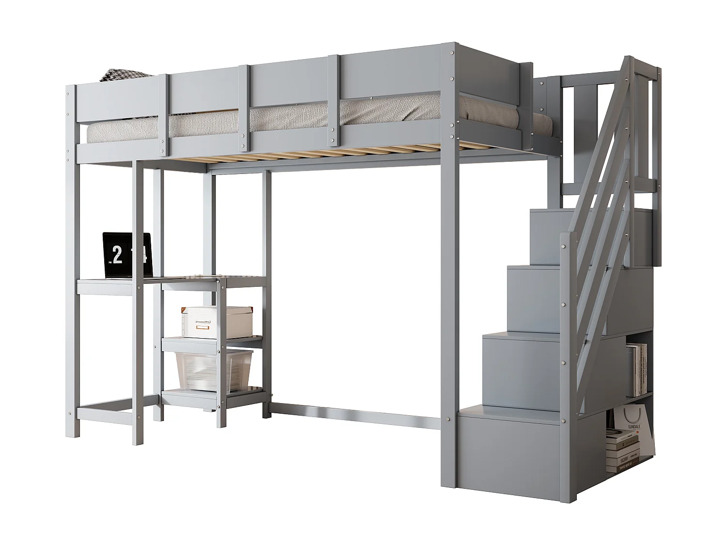 Lit mezzanine enfant 90x200cm - avec échelle de rangement - avec bureau - gris (matelas non inclus)