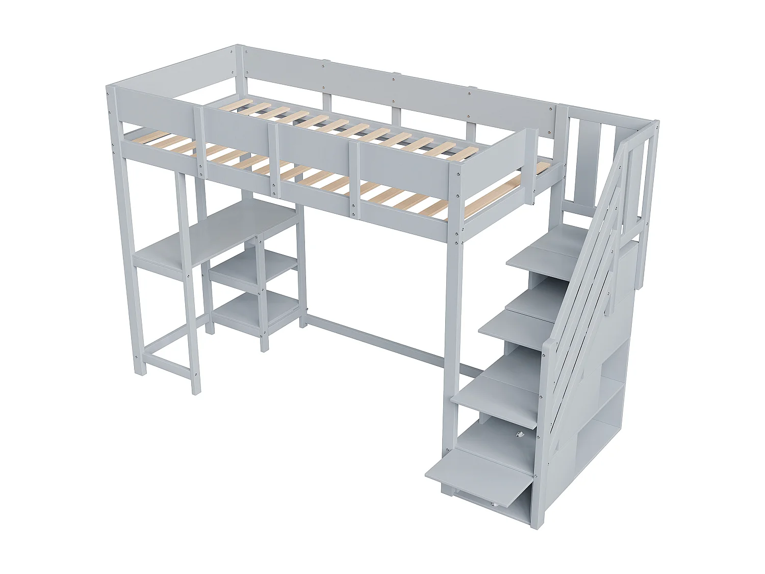 Lit mezzanine enfant 90x200cm - avec échelle de rangement - avec bureau - gris (matelas non inclus)