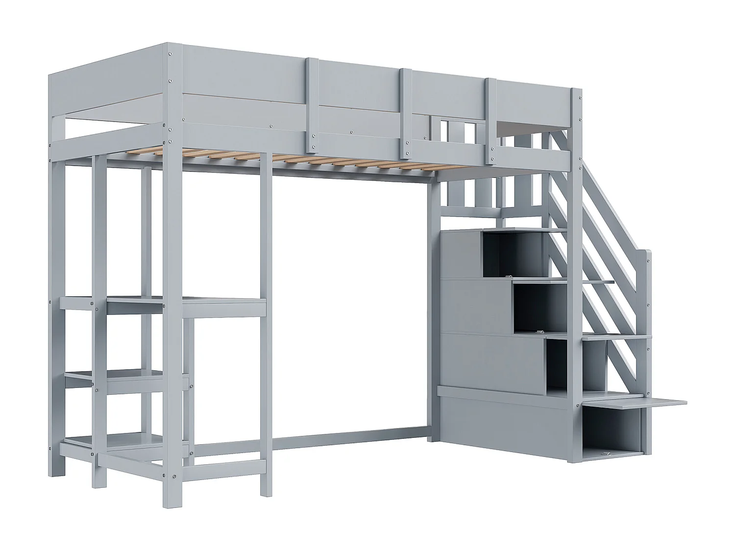 Lit mezzanine enfant 90x200cm - avec échelle de rangement - avec bureau - gris (matelas non inclus)
