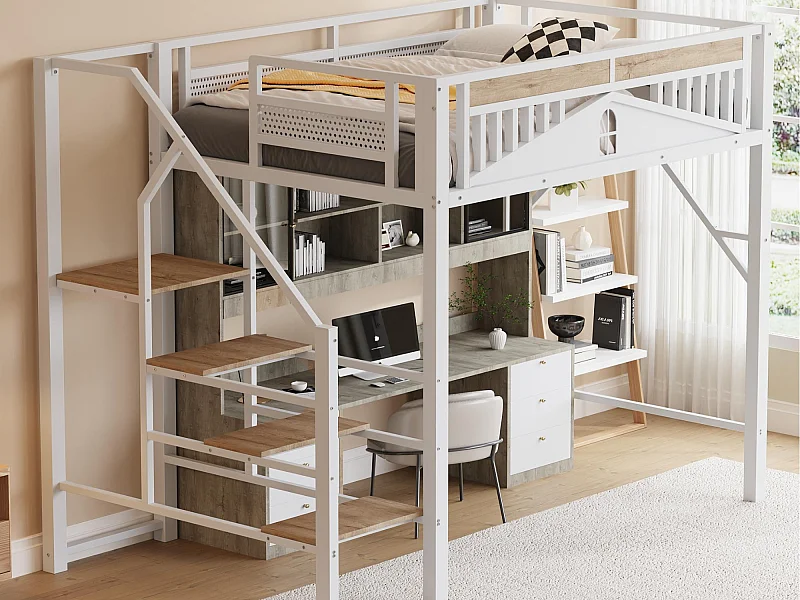 Cama altillo metálica 140×200 cm - con escalera - con barandillas de seguridad - blanco (colchón no incluido)