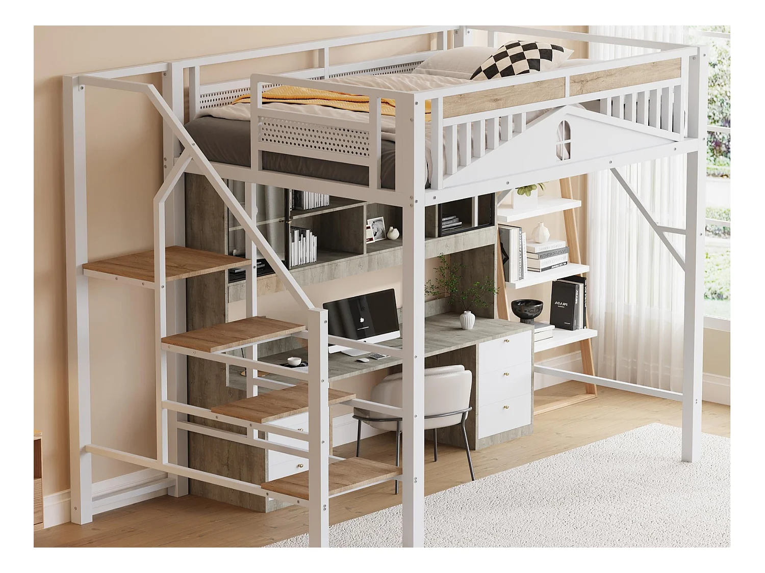 Lit mezzanine en métal 140x200cm - avec échelle - avec barrières de sécurité - blanc (matelas non inclus)