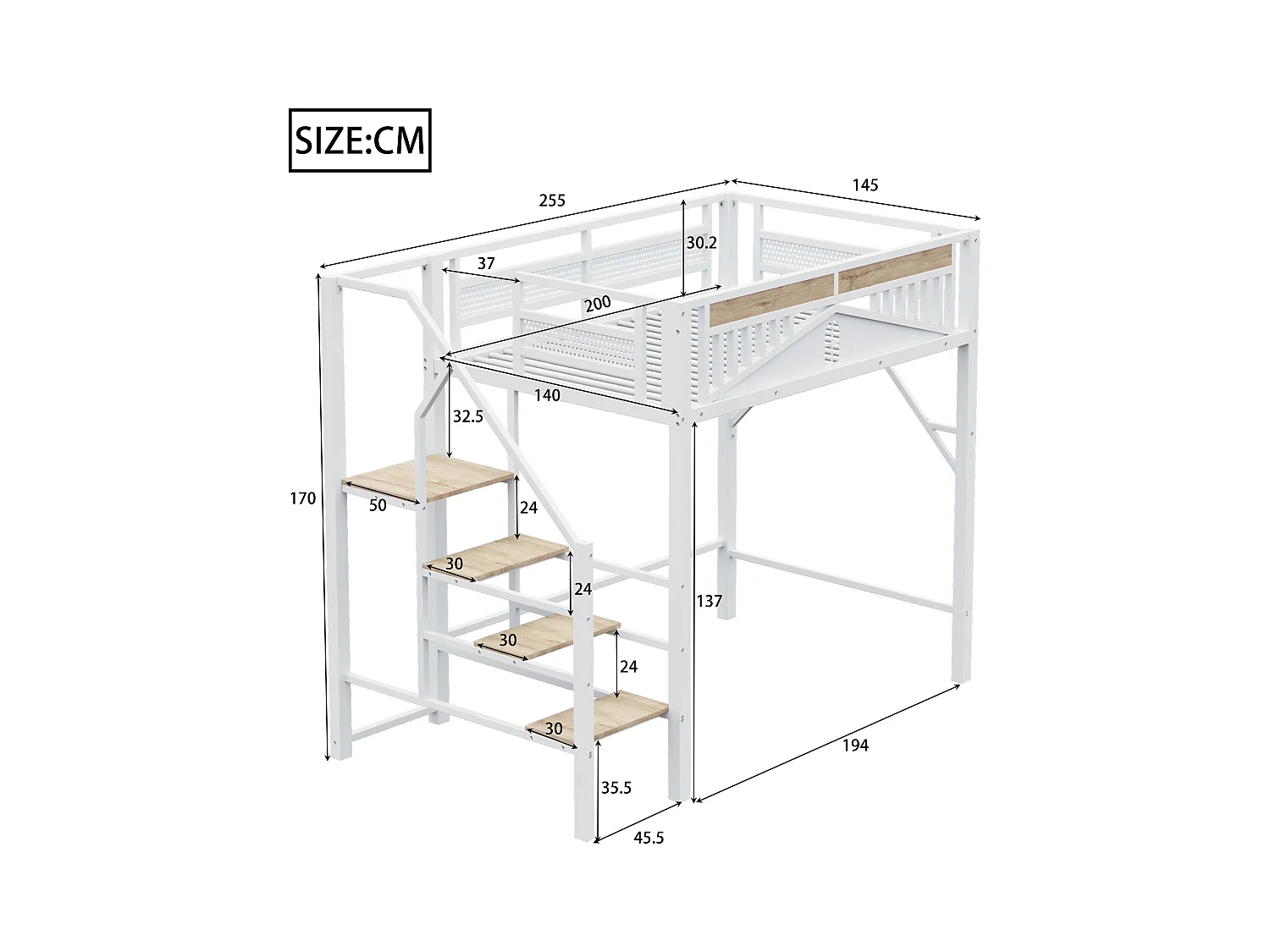 Lit mezzanine en métal 140x200cm - avec échelle - avec barrières de sécurité - blanc (matelas non inclus)