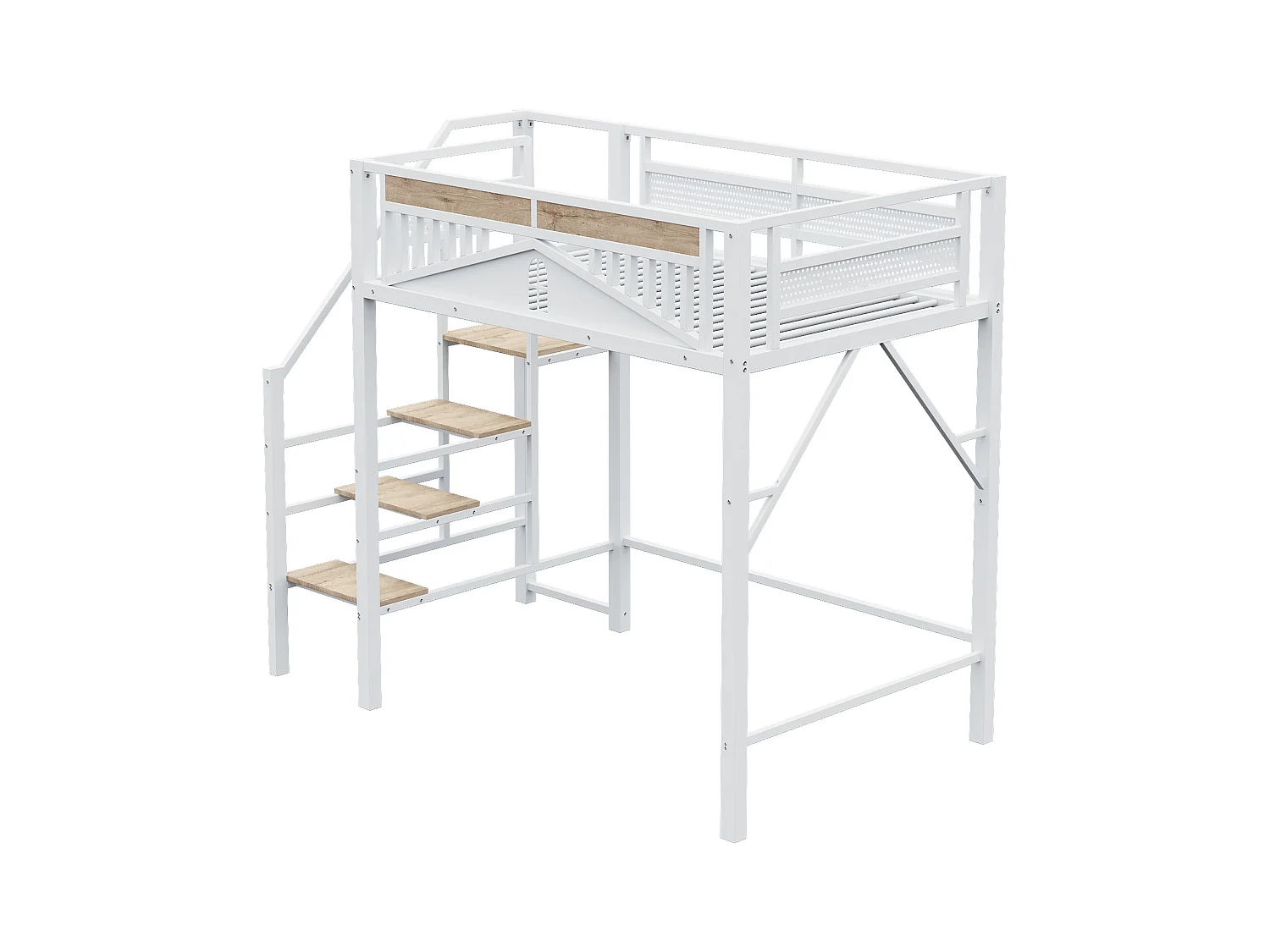 Lit mezzanine en métal 140x200cm - avec échelle - avec barrières de sécurité - blanc (matelas non inclus)