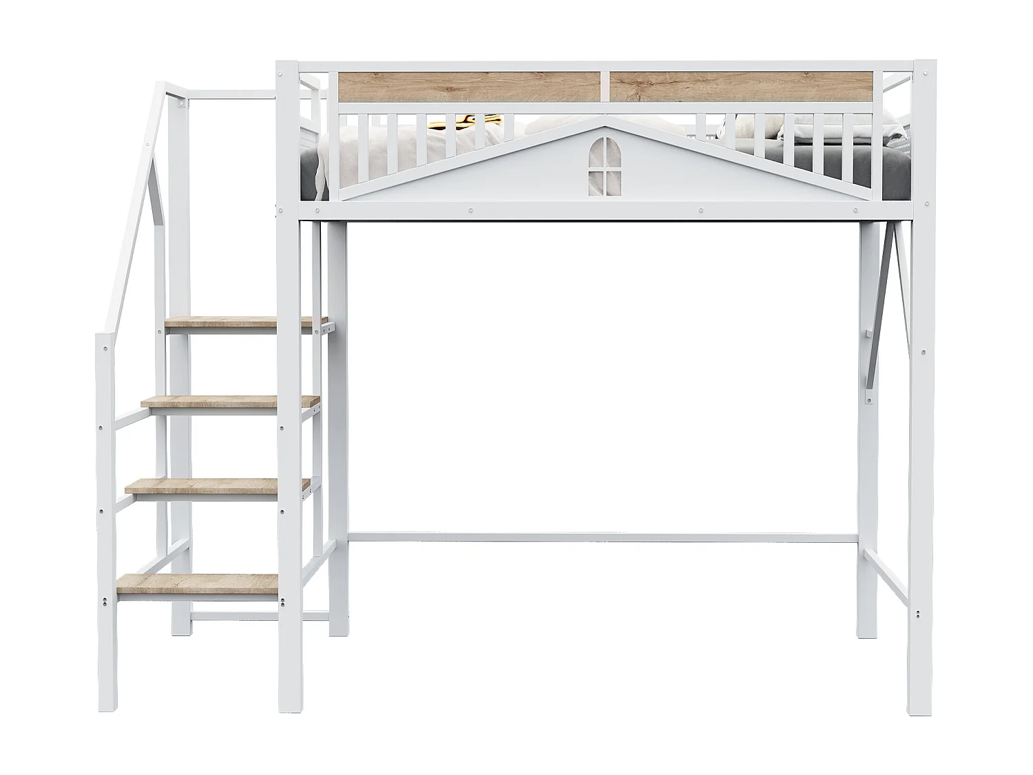 Cama altillo metálica 140×200 cm - con escalera - con barandillas de seguridad - blanco (colchón no incluido)