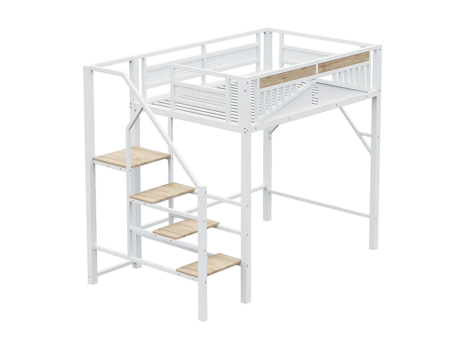 Cama altillo metálica 140×200 cm - con escalera - con barandillas de seguridad - blanco (colchón no incluido)