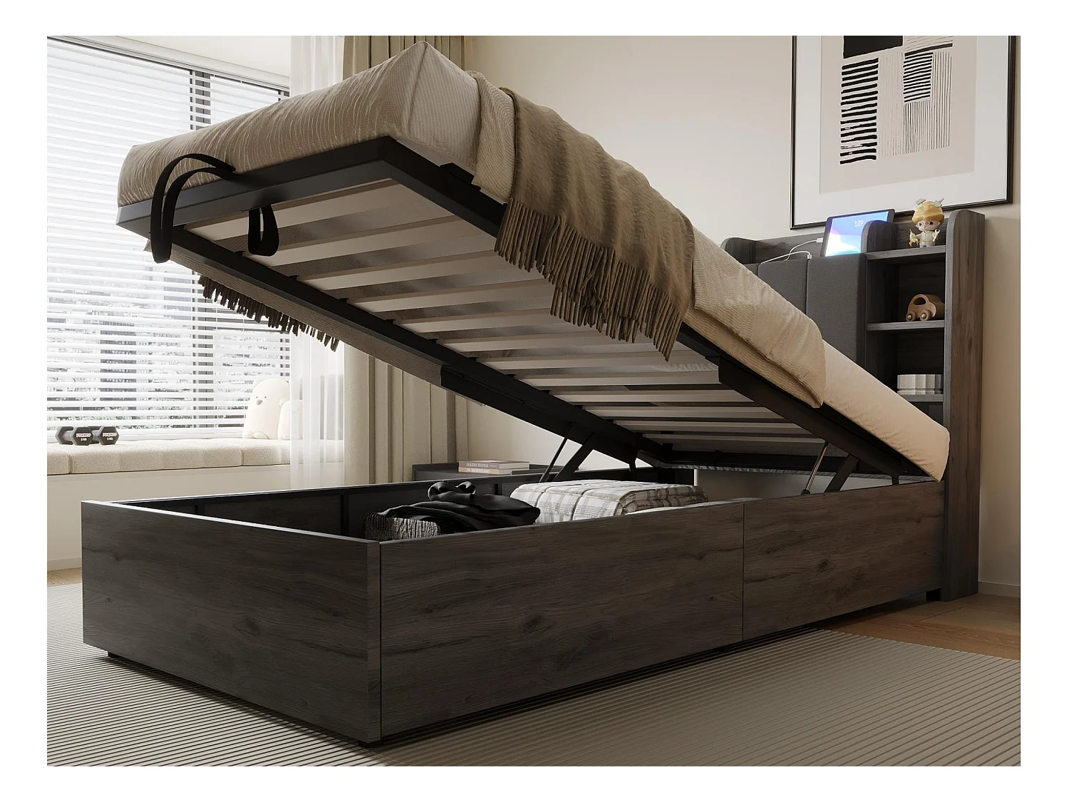 Lit coffre en bois 90x200 cm - tête de lit avec rangement - avec prises USB + Type-C - gris (matelas non inclus)