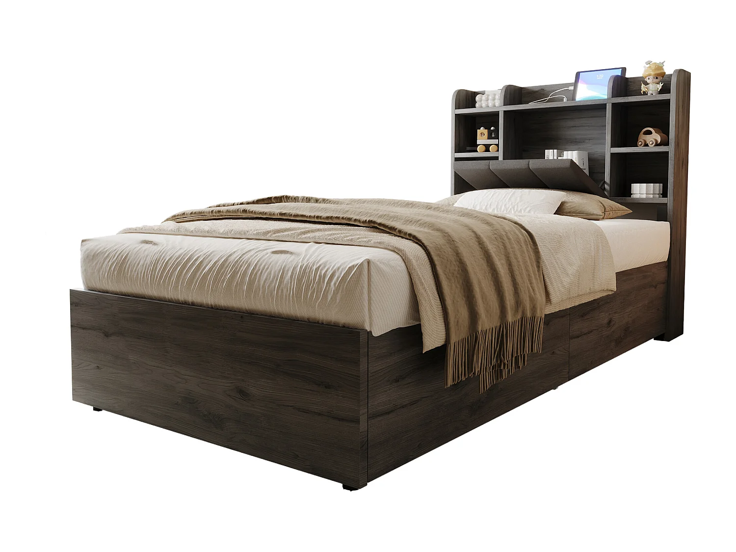 Lit coffre en bois 90x200 cm - tête de lit avec rangement - avec prises USB + Type-C - gris (matelas non inclus)