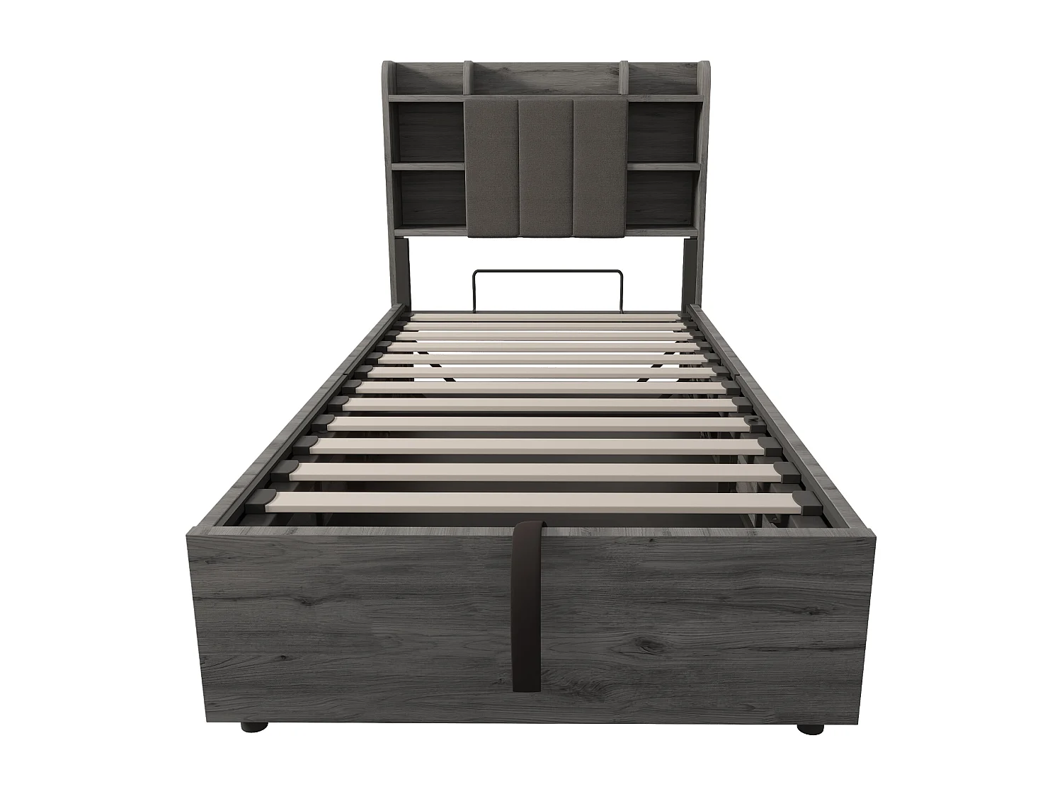 Lit coffre en bois 90x200 cm - tête de lit avec rangement - avec prises USB + Type-C - gris (matelas non inclus)
