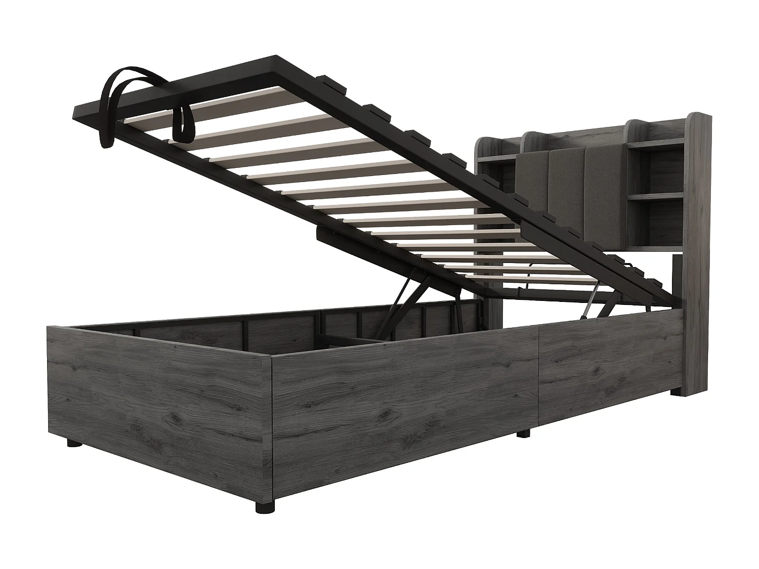 Lit coffre en bois 90x200 cm - tête de lit avec rangement - avec prises USB + Type-C - gris (matelas non inclus)