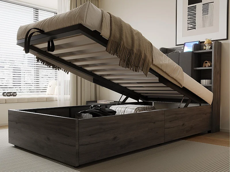 Opbergbed van hout 90×200 cm - hoofdeinde met opbergruimte - met USB- + Type-C-poorten - grijs (matras niet inbegrepen)