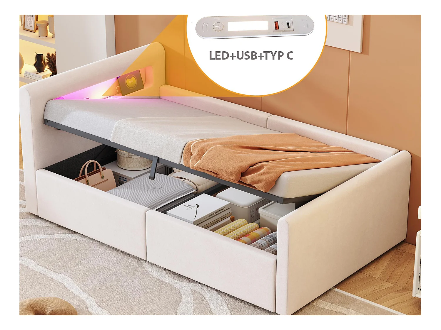 Opbergbed 90×200 cm - met LED-verlichting - met USB-oplaadpunt - met planken - fluweel - beige (matras niet inbegrepen)