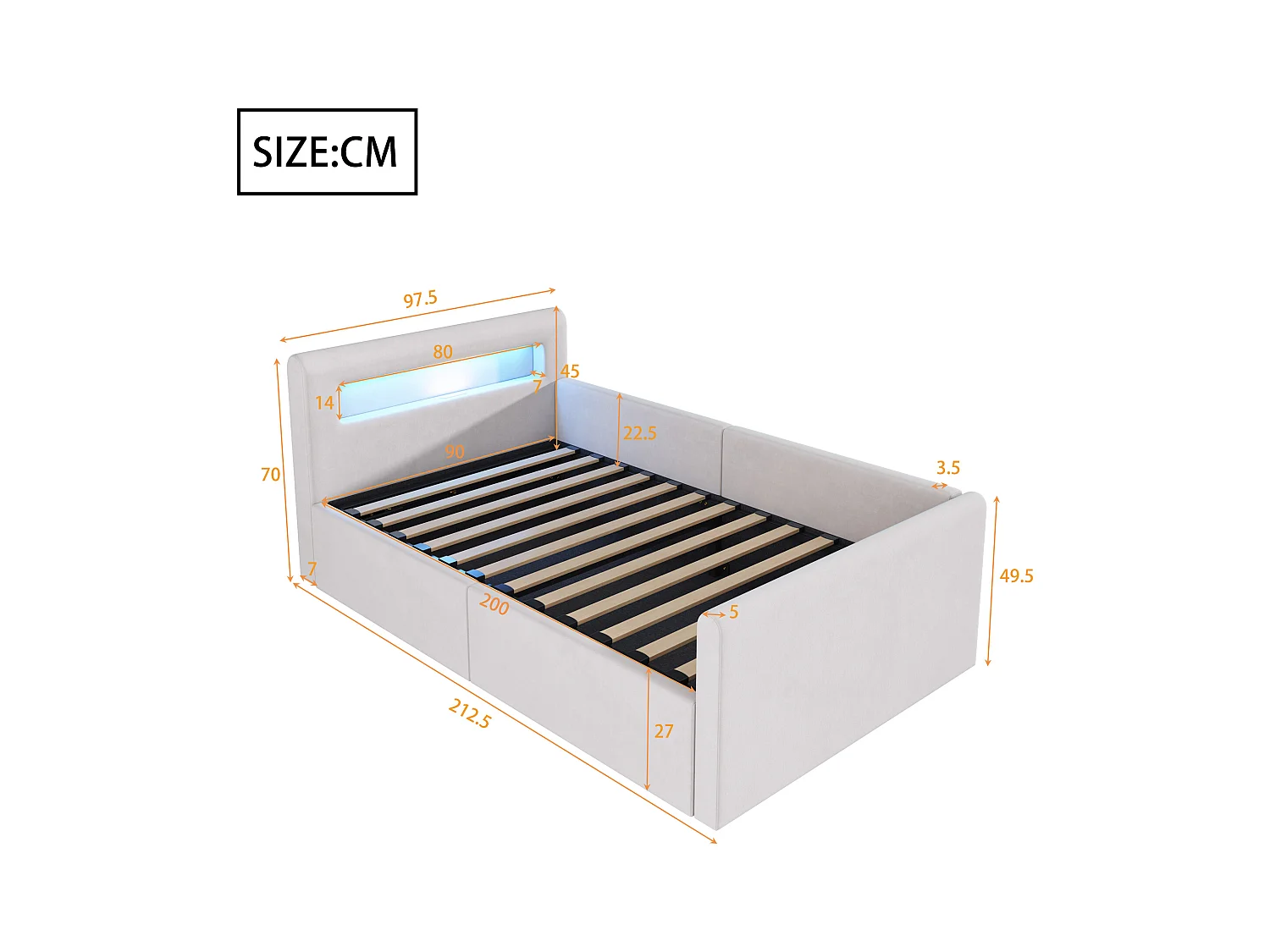 Opbergbed 90×200 cm - met LED-verlichting - met USB-oplaadpunt - met planken - fluweel - beige (matras niet inbegrepen)