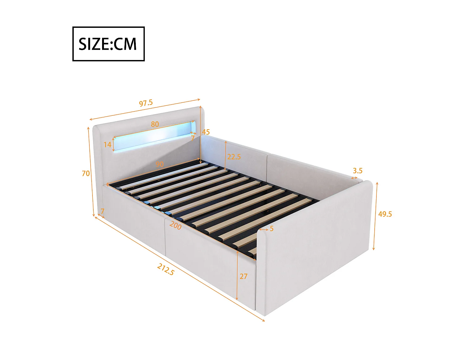Lit coffre 90x200cm - avec éclairage LED - avec port de charge USB - avec étagères - velours - beige (matelas non inclus)