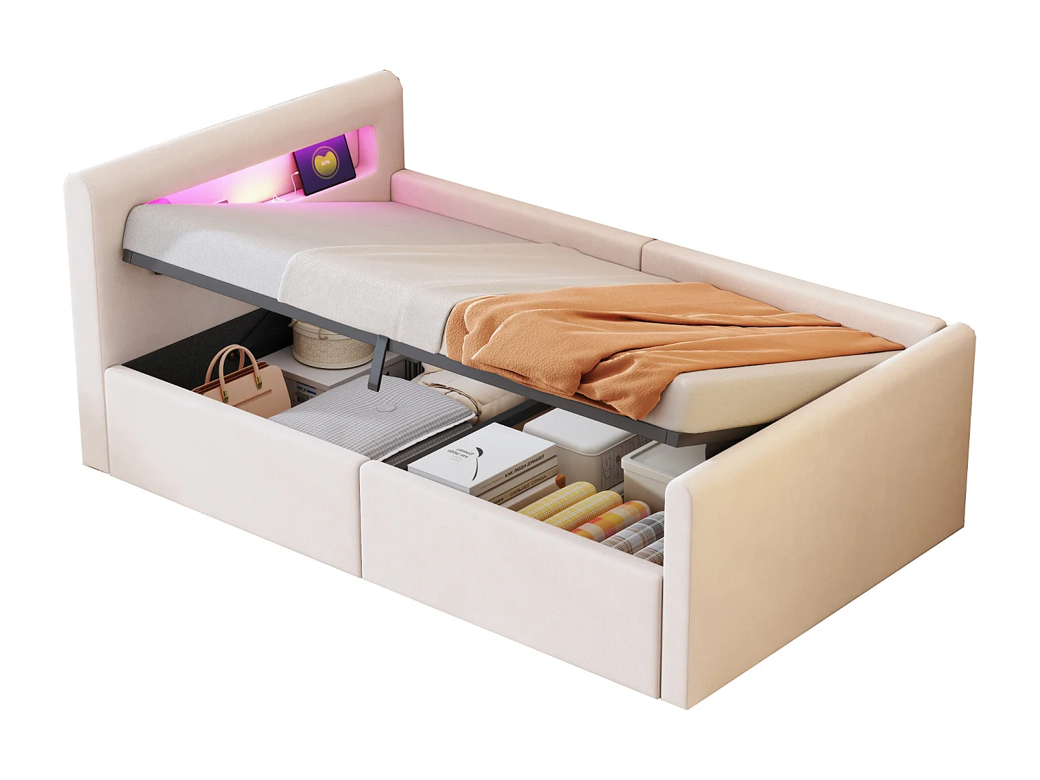Lit coffre 90x200cm - avec éclairage LED - avec port de charge USB - avec étagères - velours - beige (matelas non inclus)