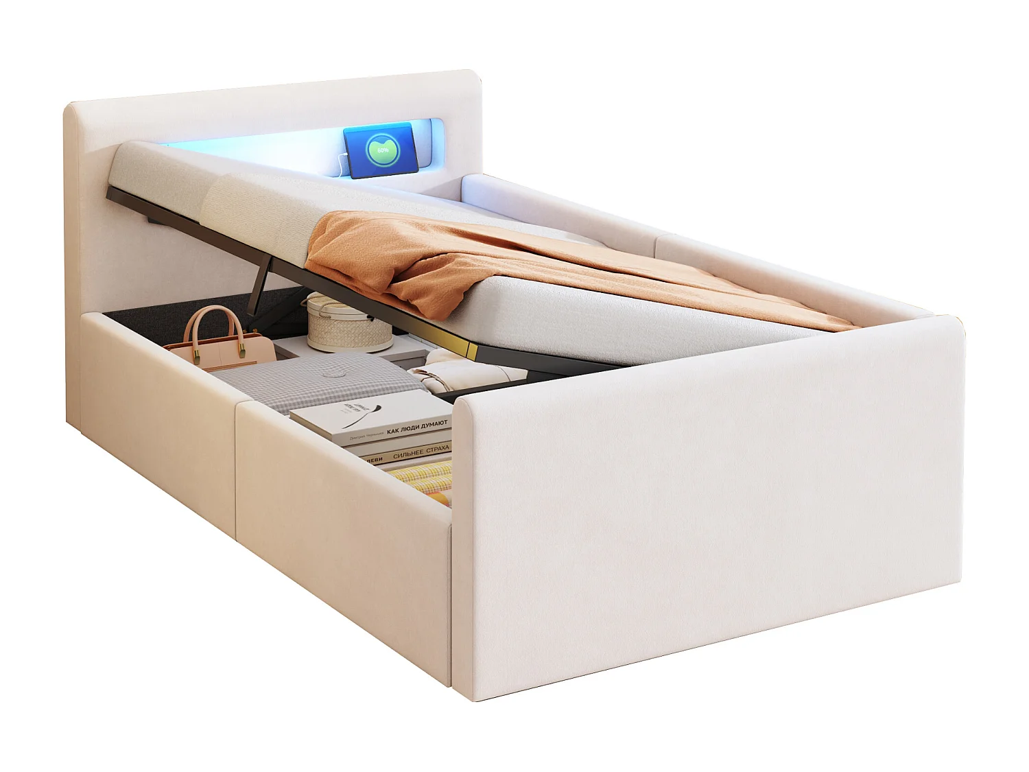 Lit coffre 90x200cm - avec éclairage LED - avec port de charge USB - avec étagères - velours - beige (matelas non inclus)