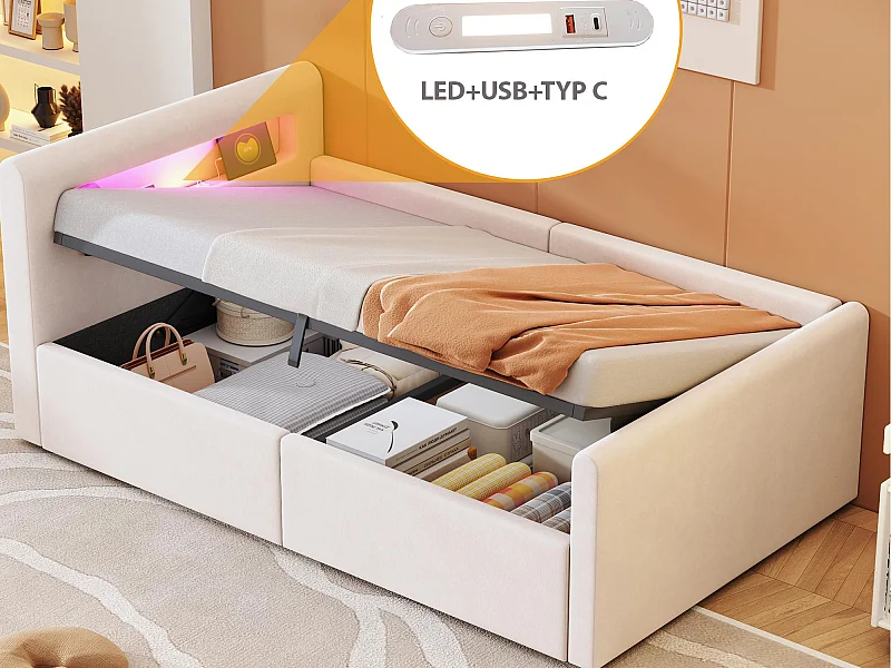 Lit coffre 90x200cm - avec éclairage LED - avec port de charge USB - avec étagères - velours - beige (matelas non inclus)