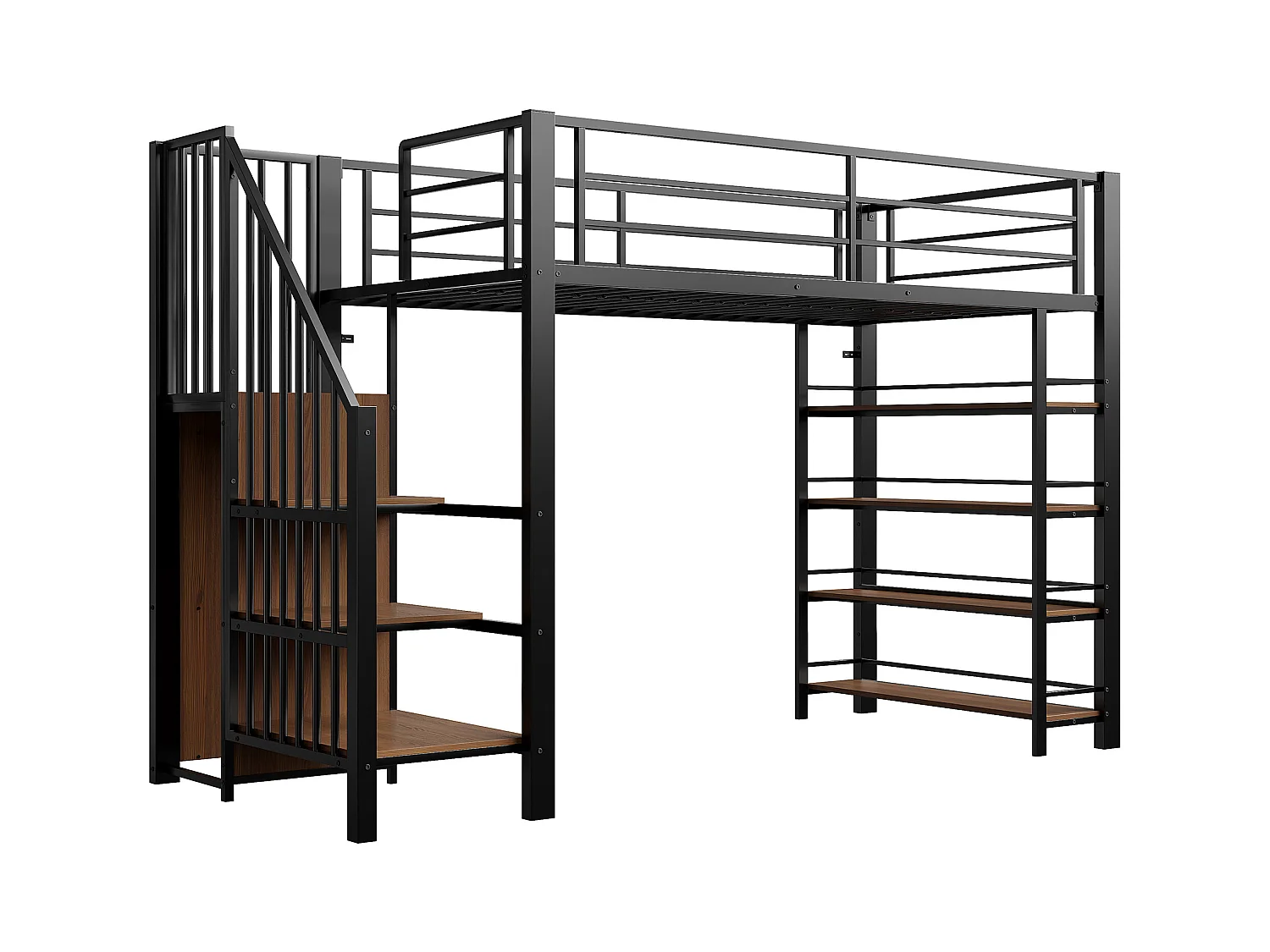 Lit mezzanine 90x200 - avec escalier de sécurité - avec petite armoire - avec des étagères ouvertes - noir