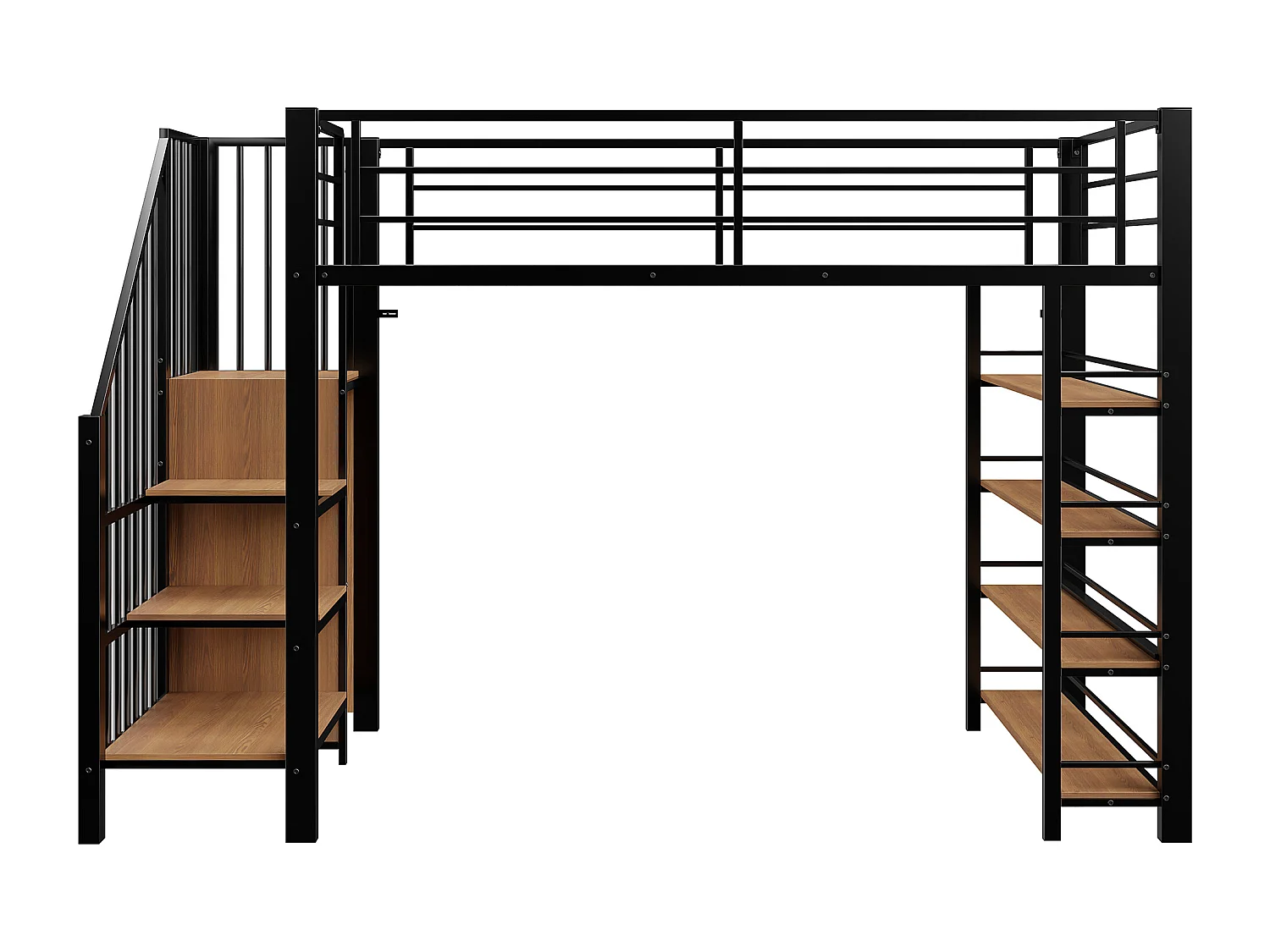 Lit mezzanine 90x200 - avec escalier de sécurité - avec petite armoire - avec des étagères ouvertes - noir