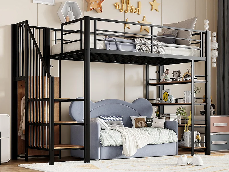 Hoogbed 90×200 cm - met veiligheidstrap - met kleine kast - met open planken - zwart