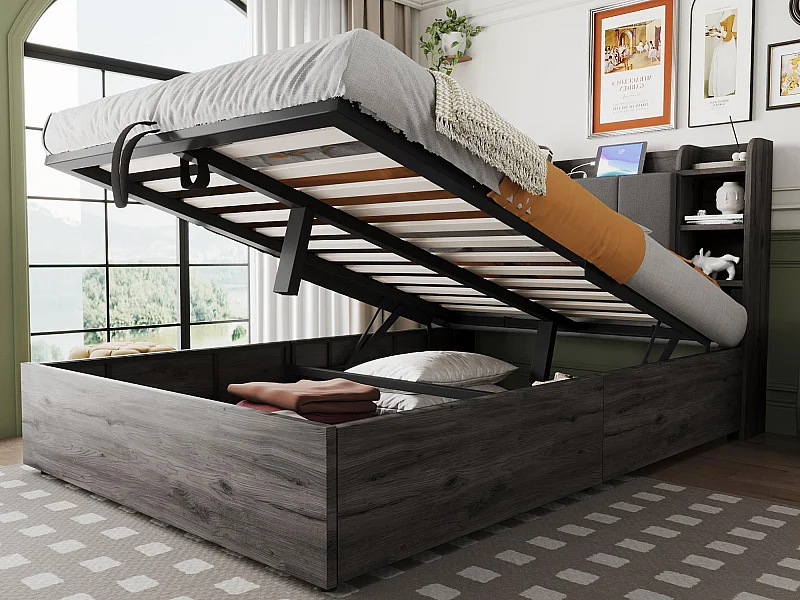 Holzbett mit Stauraum 140×200 cm - Kopfteil mit Staufach - mit USB- + Type-C-Anschlüssen - grau (Matratze nicht enthalten)