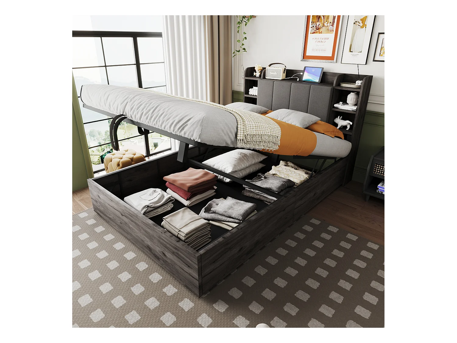 Lit coffre en bois 140x200 cm - tête de lit avec rangement - avec prises USB + Type-C - gris (matelas non inclus)