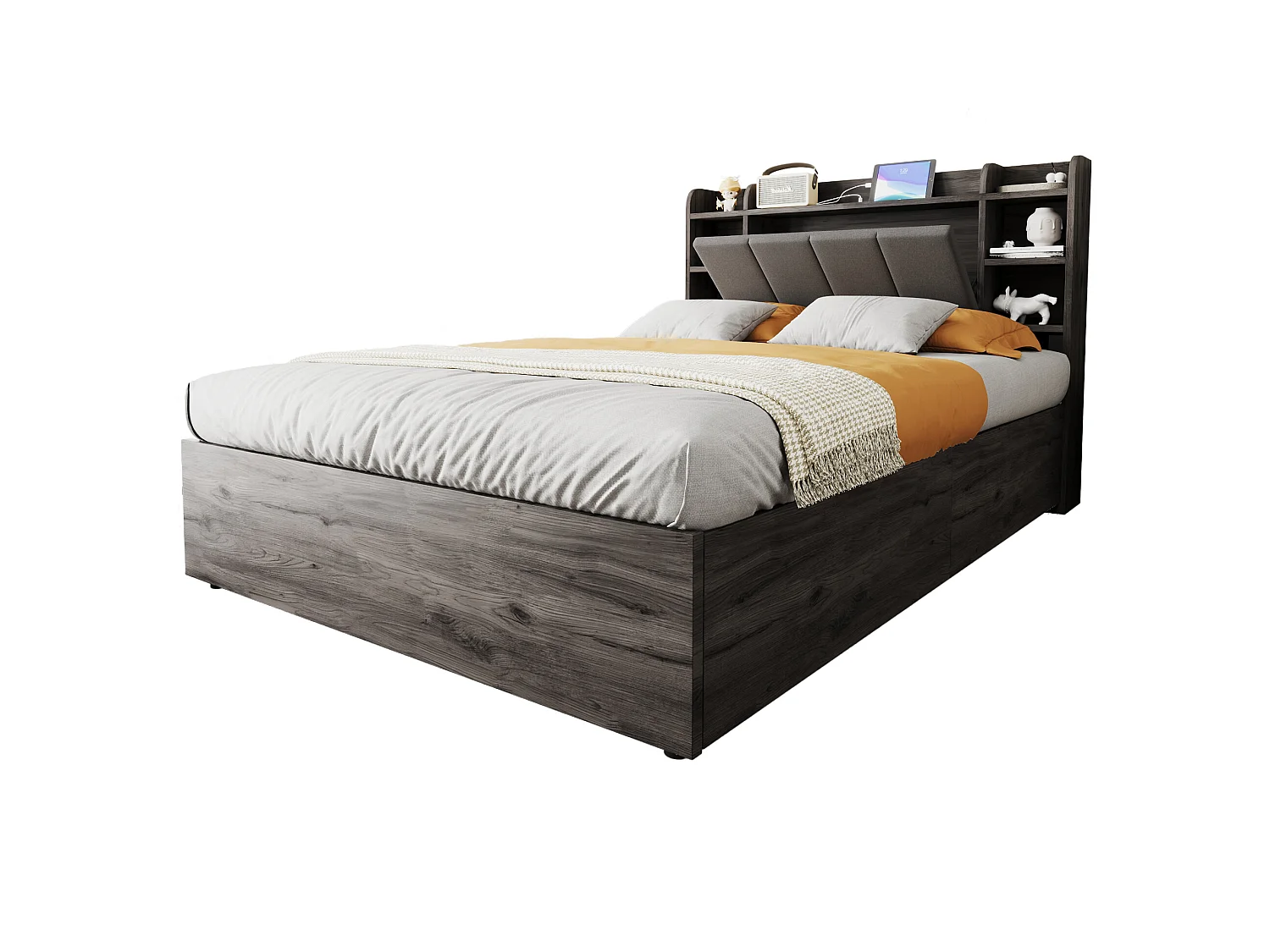 Lit coffre en bois 140x200 cm - tête de lit avec rangement - avec prises USB + Type-C - gris (matelas non inclus)