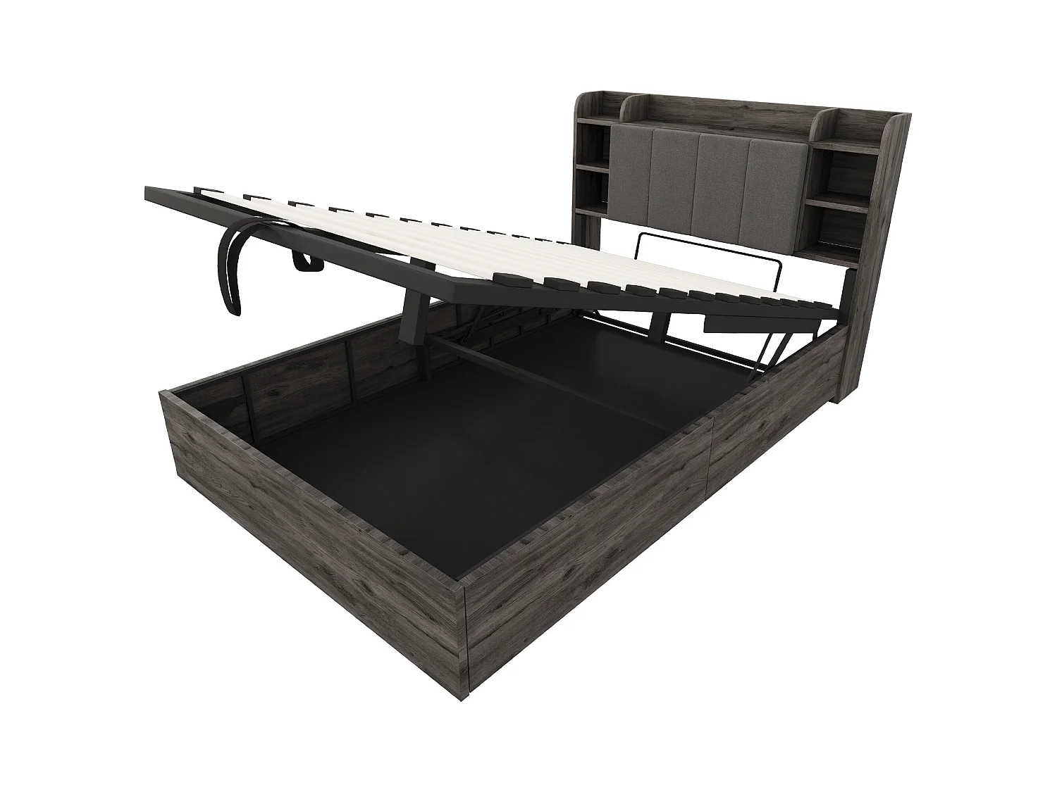 Lit coffre en bois 140x200 cm - tête de lit avec rangement - avec prises USB + Type-C - gris (matelas non inclus)