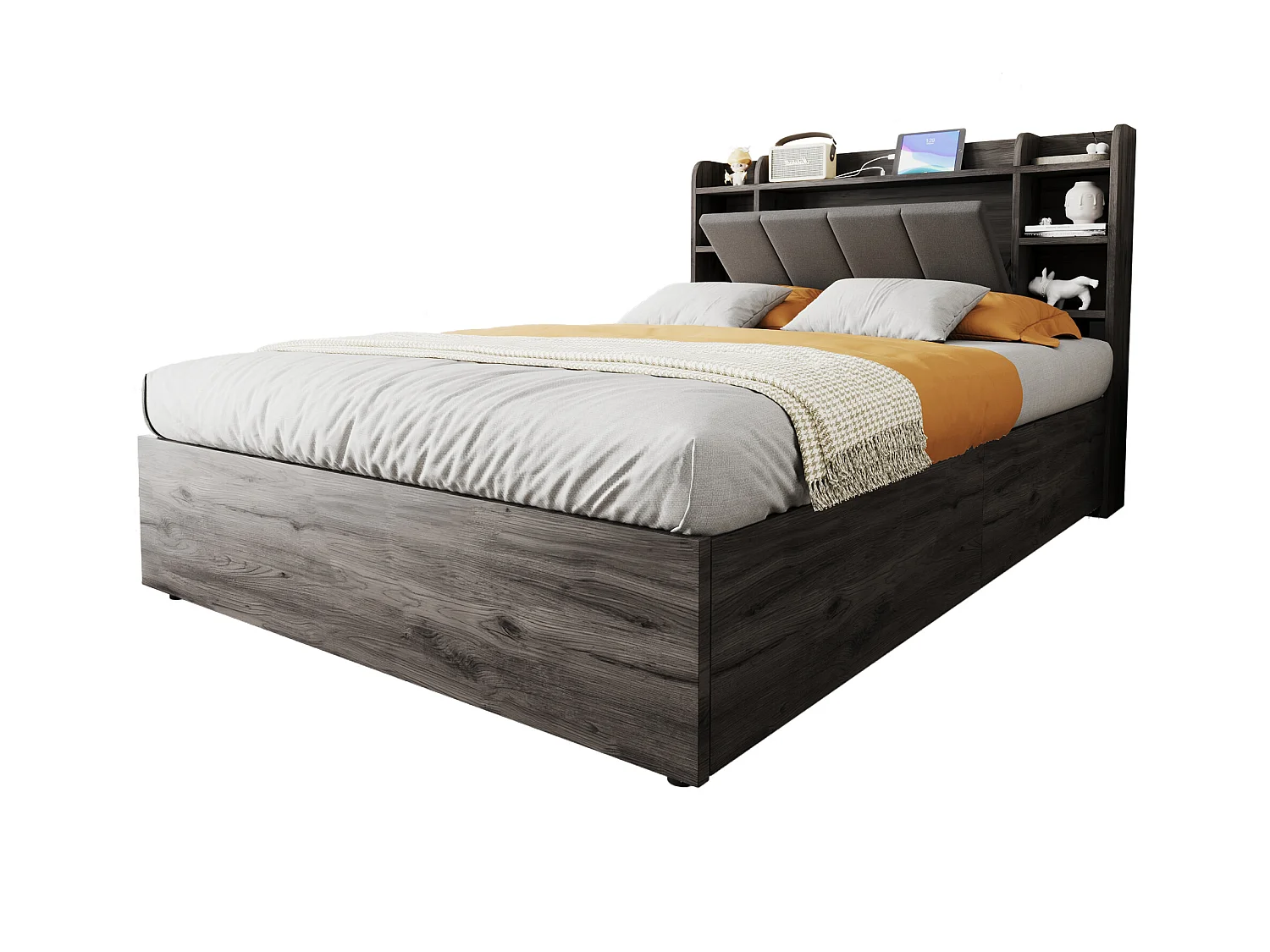 Lit coffre en bois 140x200 cm - tête de lit avec rangement - avec prises USB + Type-C - gris (matelas non inclus)