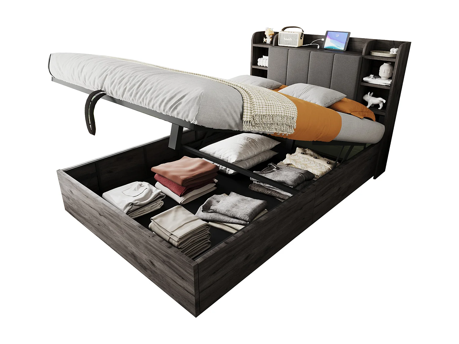 Lit coffre en bois 140x200 cm - tête de lit avec rangement - avec prises USB + Type-C - gris (matelas non inclus)