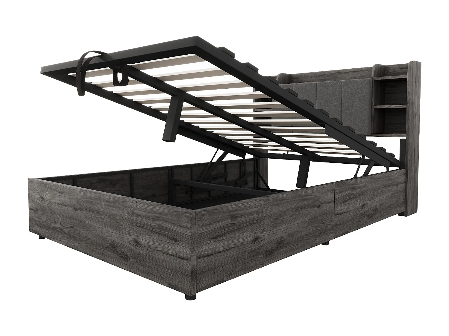 Lit coffre en bois 140x200 cm - tête de lit avec rangement - avec prises USB + Type-C - gris (matelas non inclus)