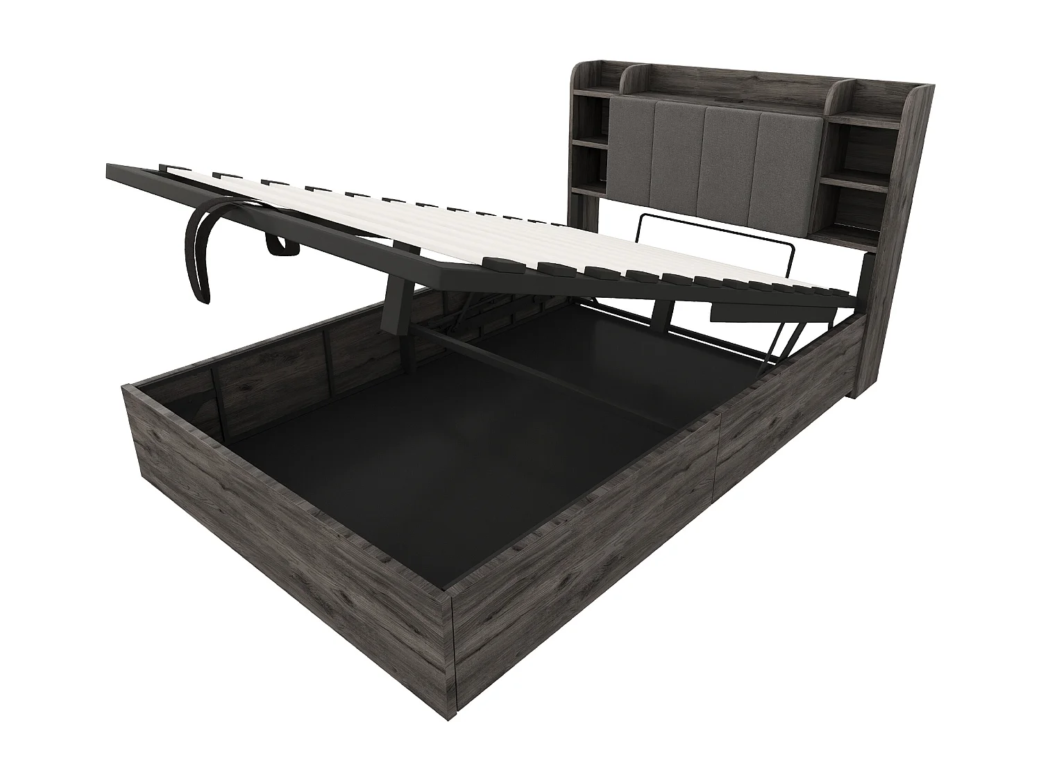 Lit coffre en bois 140x200 cm - tête de lit avec rangement - avec prises USB + Type-C - gris (matelas non inclus)