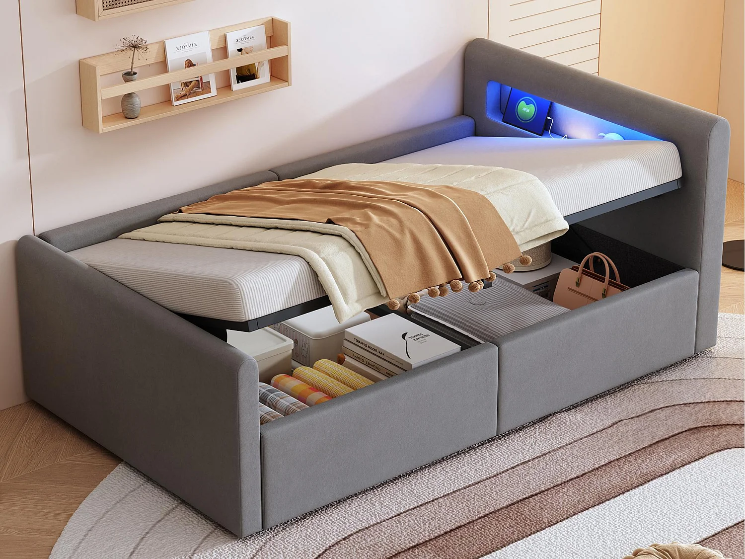 Lit coffre 90x200cm - avec éclairage LED - avec port de charge USB - avec étagères - velours - gris (matelas non inclus)