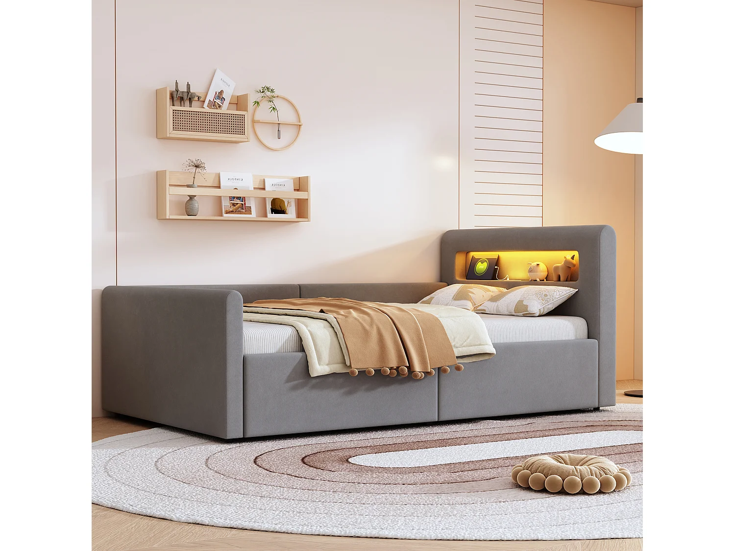 Lit coffre 90x200cm - avec éclairage LED - avec port de charge USB - avec étagères - velours - gris (matelas non inclus)