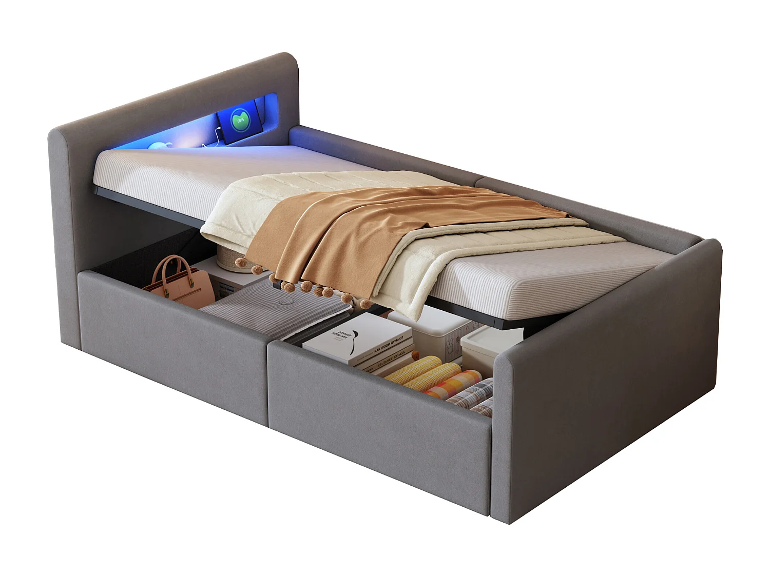 Lit coffre 90x200cm - avec éclairage LED - avec port de charge USB - avec étagères - velours - gris (matelas non inclus)