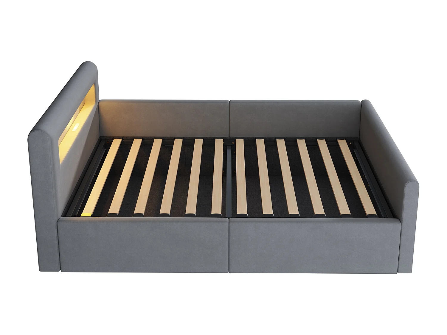 Lit coffre 90x200cm - avec éclairage LED - avec port de charge USB - avec étagères - velours - gris (matelas non inclus)