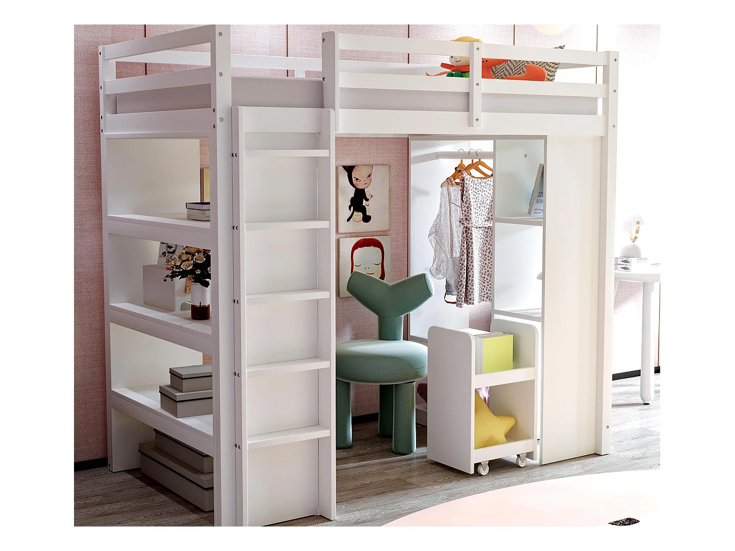 Kinderhochbett 90×200 cm - mit Kleiderhaken + Stauraum - mit 1 mobilem Aufbewahrungswagen - weiß (Matratze nicht enthalten)