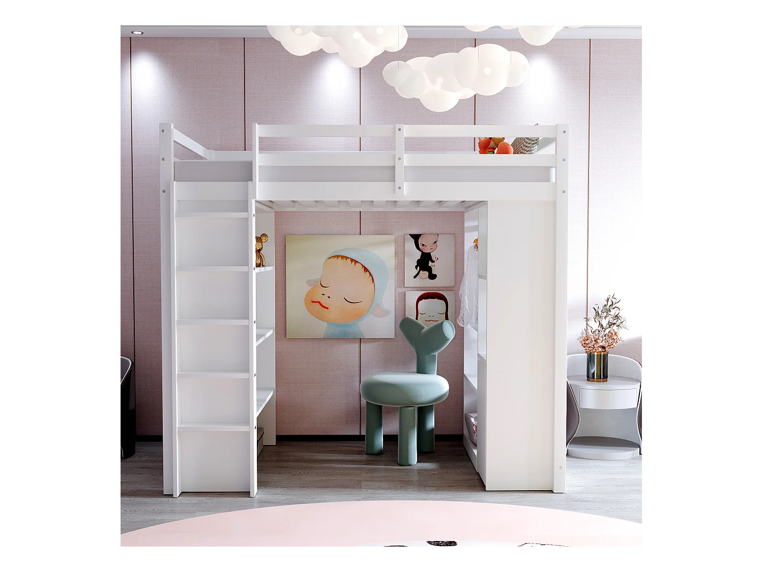 Kinderhochbett 90×200 cm - mit Kleiderhaken + Stauraum - mit 1 mobilem Aufbewahrungswagen - weiß (Matratze nicht enthalten)