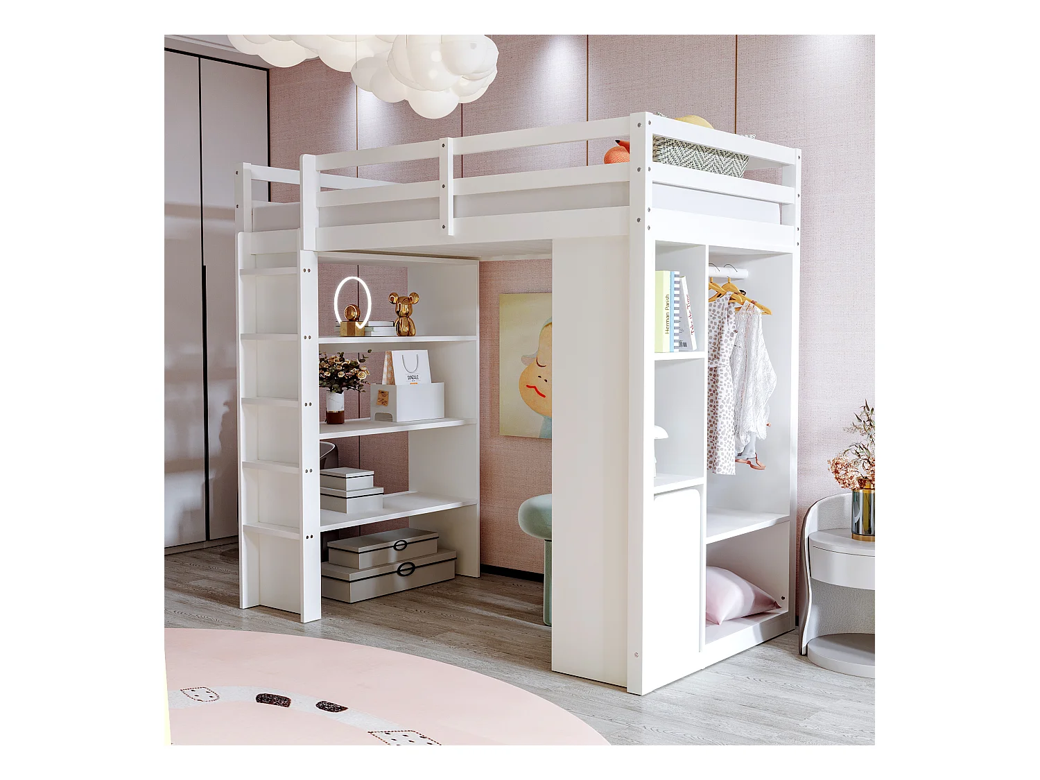 Kinderhochbett 90×200 cm - mit Kleiderhaken + Stauraum - mit 1 mobilem Aufbewahrungswagen - weiß (Matratze nicht enthalten)