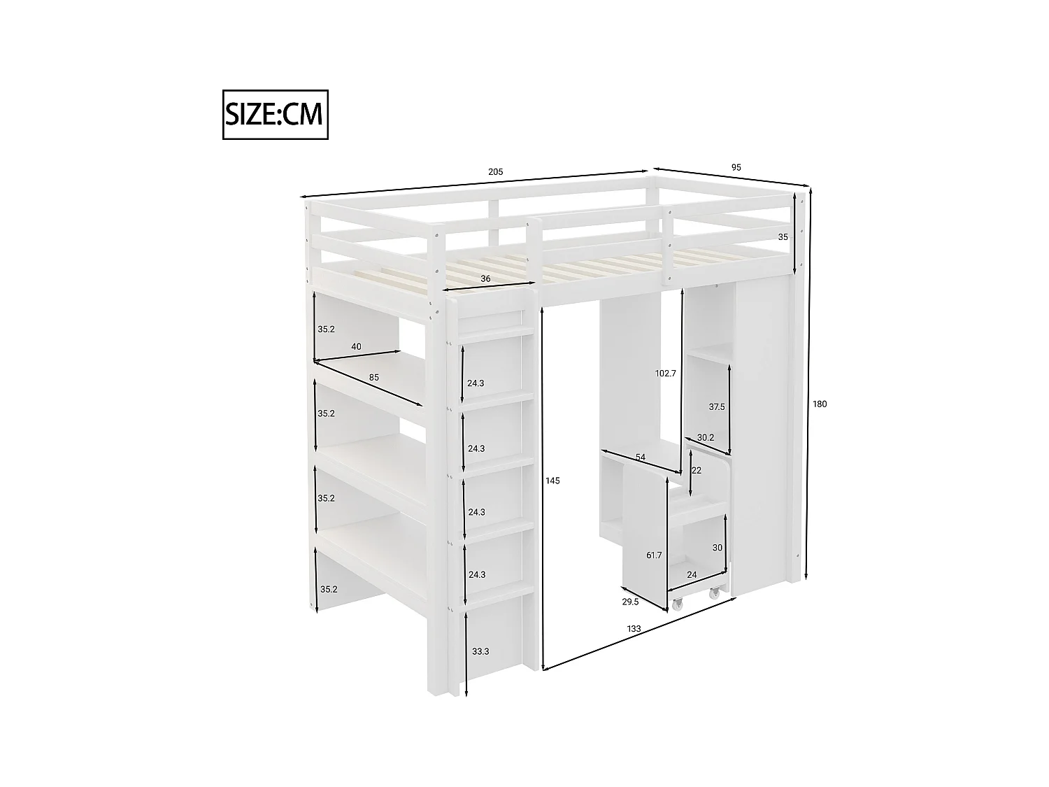 Kinderhochbett 90×200 cm - mit Kleiderhaken + Stauraum - mit 1 mobilem Aufbewahrungswagen - weiß (Matratze nicht enthalten)